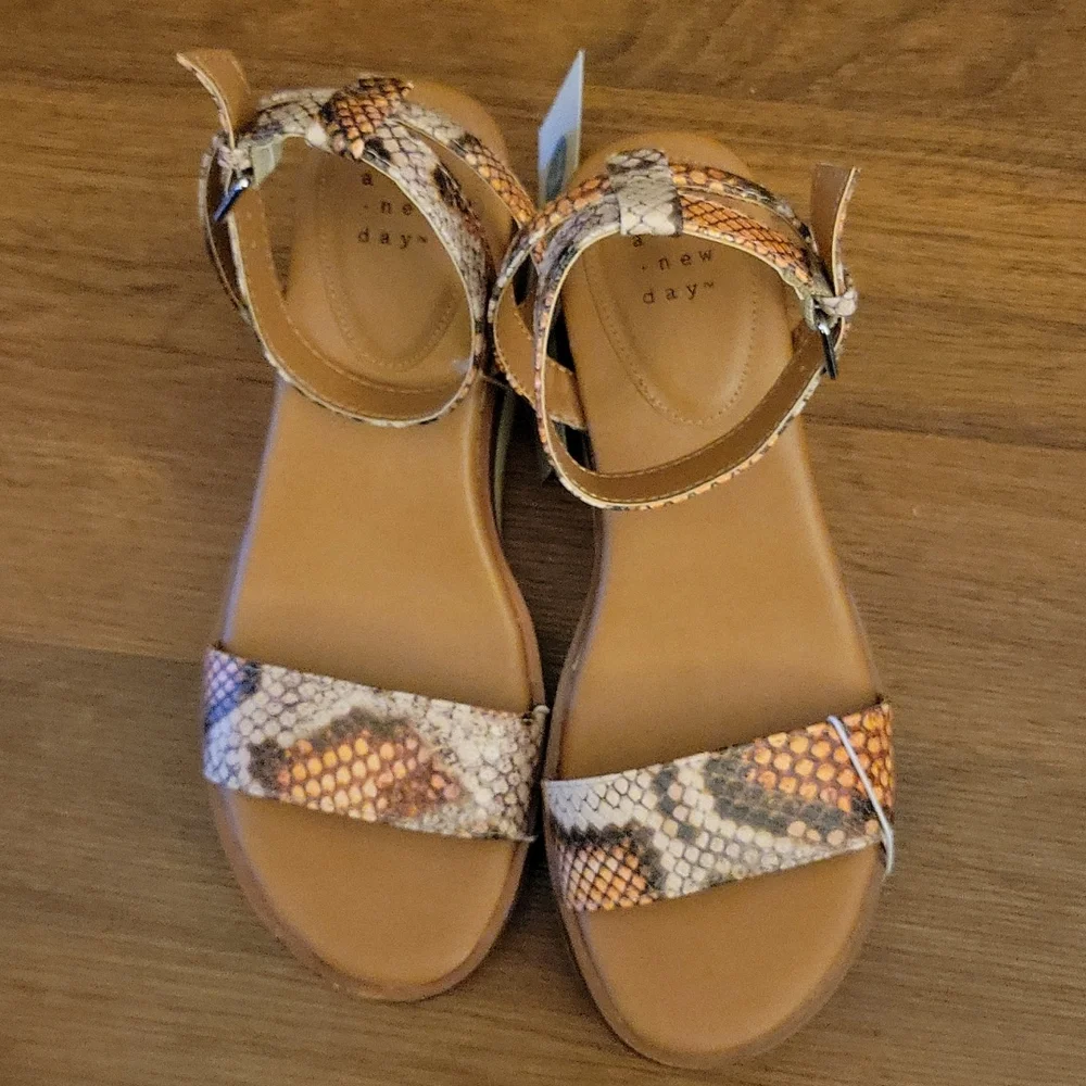 A New Day Abgail snakeskin cork open toe ankle strap wedge white sole 7..5 NEW…